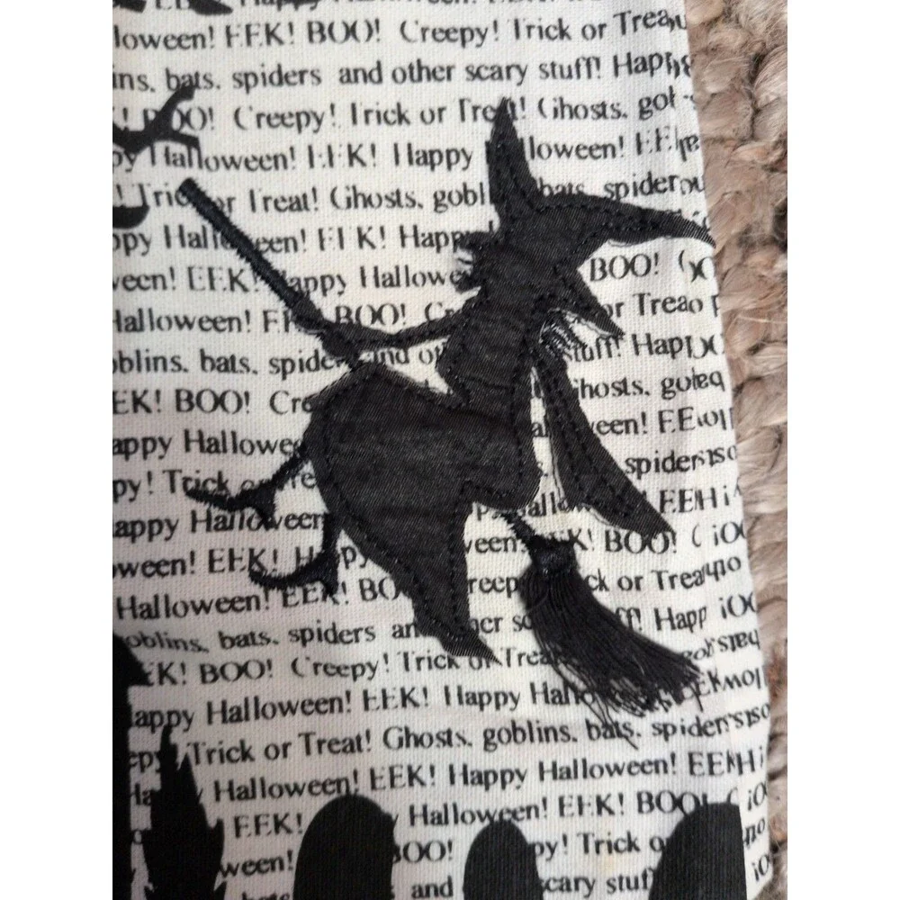 Halloween Tea Towel Witch Flying on Broom Spooky Tree Cemetery Holiday Kitchen